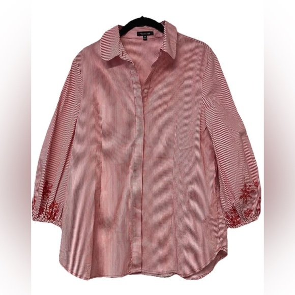 NWOT Vision 155 Button Down with sleeve detail Red/Coral white Size 10 - Picture 1 of 7
